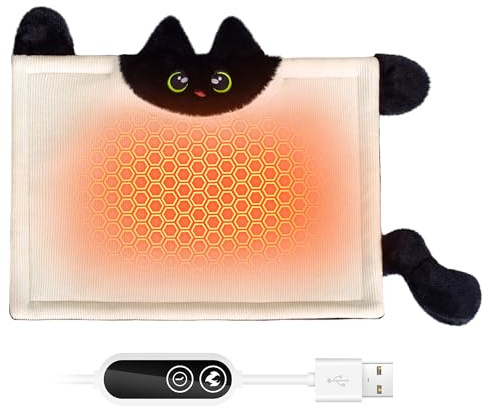 HOTHUGZ Cute Cat Shape Heating Pad for Period Cramps & Menstrual Pain Relief, 5V 2A USB Fast Heating with 4 Heat Settings & Auto-Off, Portable Electric Corduroy & Plush Warmer for Women & Teen Girls