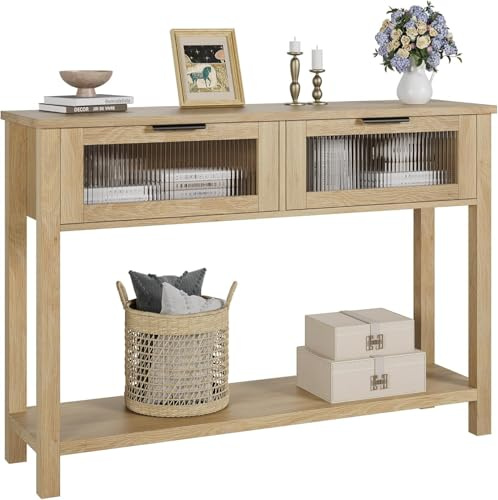 Zstar Mesa De Entrada, Consola De Madera con Dos Cajones De Vidrio, Mesa De Sofá De Dos Niveles con Espacio De Almacenamiento para Sala De Estar, Mesas De Vestíbulo para La Entrada - Burlywood