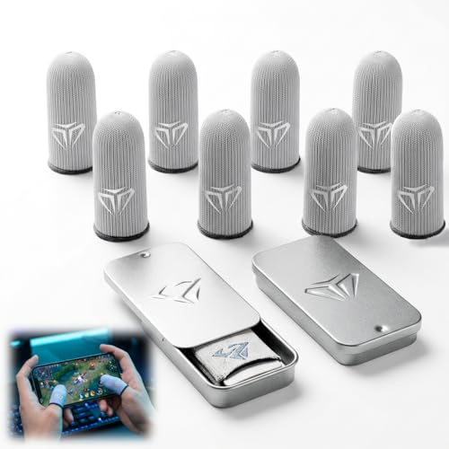 XINML Juego de 8 fundas para dedos de 0,25 mm, ultrafinas, de fibra plateada, antibacterianas y resistentes al sudor, con 2 cajas de metal para pantalla táctil y juegos de smartphone