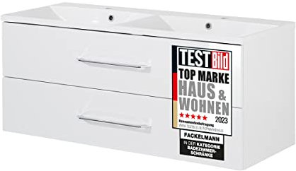 FACKELMANN Waschtischunterschrank inkl. Doppel-Gussbecken B.CLEVER/Soft-Close-System/Maße (B x H x T): ca. 120 x 48,5 x 46 cm/Möbel fürs WC oder Badezimmer/Schrank: Weiß/Becken: Weiß