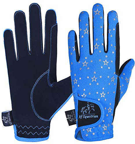 AFE Kids Gloves For Girls Boys Unisex Horse Riding Gloves Outdoor Gloves Sports Gloves Cycling Gloves For Children Black Blue Pink Star Design (Blue Star Design, Small)