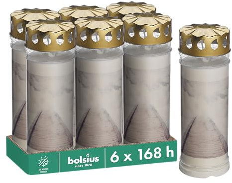 Bolsius Grave Light - White - Pack of 6 - Length Burning Time 168 Hours - Mourning Candle & Memorial Candles - with Motif - Clouds - Unscented - Without Palm Oil - No. 7