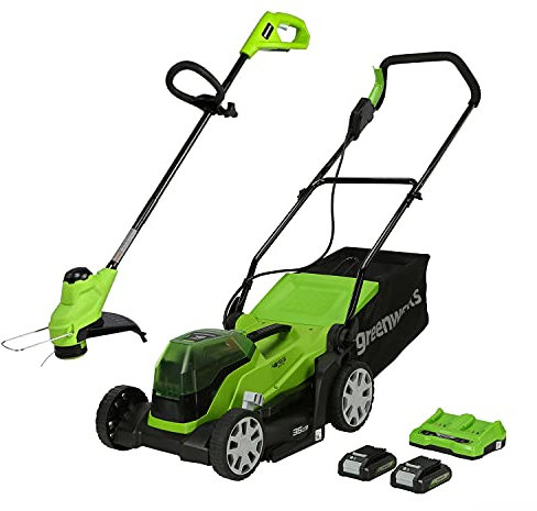 Greenworks, tagliaerba senza fili, 2 da 24 V, 36 cm, a batteria e 3 bracci decespugliatori con 2 batterie da 2 Ah/caricatore a doppio slot
