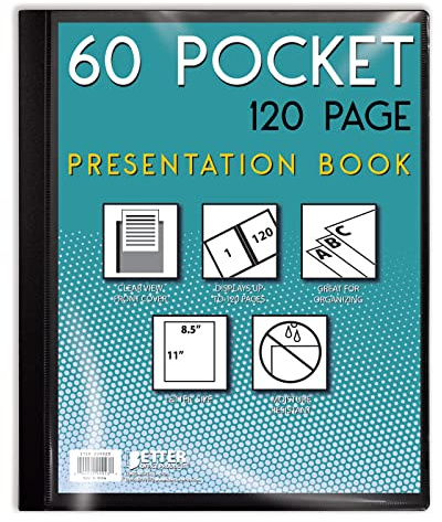 Better Office Products 60 Pocket Bound Black Presentation Book, with Clear View Front Cover, 120 Sheet Protector Pages, 8.5 x 11 Sheets, Art Portfolio, Durable Poly Covers, Letter Size