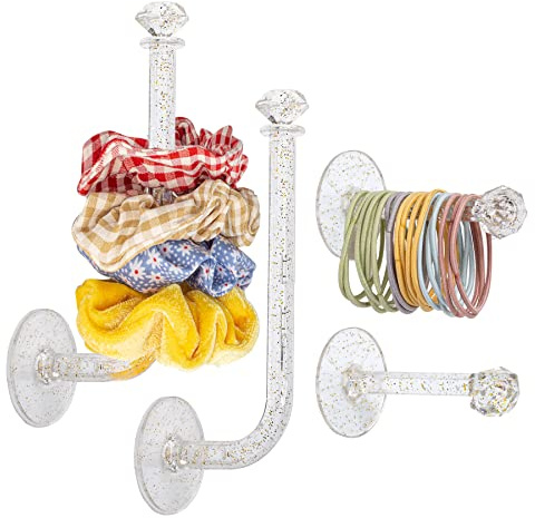 QUPIVA 4pcs Headband Holder Stand Scrunchie Organizer, Girls Hair Accessories Organizer Storage for Headband Hairband Hair Ties, Clear Glitter Adhesive Scrunchy Holder