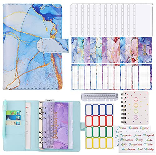 Budget Planner,Budget Binder A6,Geld Organizer Beginner Binder,Geld Sparen Mappe Binder,Cash Sparbuch Haushaltsbuch,Mit 12 Transparent Cash Tasche,Mit 12 Budget Sheet (Blue)