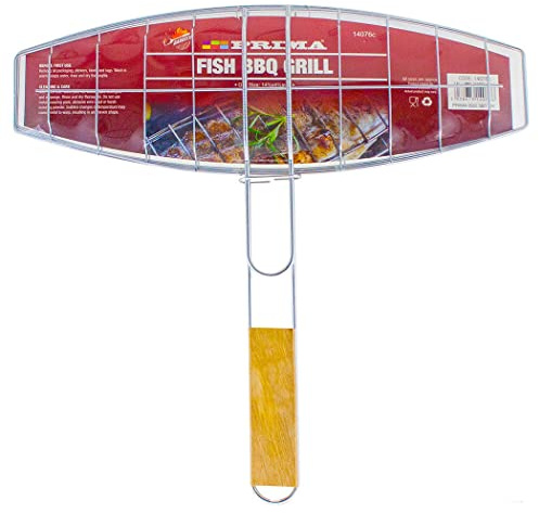 BARGAINS-GALORE Long Handle Handheld Bbq Fish Grill - Heavy Duty Wired Grilling Accessory, Non Slip Wooden Handle, Cooking, Outdoor, Tool | Suitable For Barbecue Parties | Durable & Long Lasting