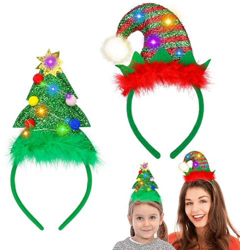 LED Diadema Navidad 2 Piezas,iluminan Diadema Accesorios Navidad Elfos Navideños y Arbol de Navidad Diademas de Navidad para