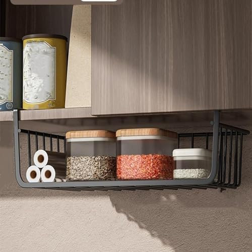 Sottomensola, Cestello Portaoggetti, Sottomensola Multiuso Interamente in Metallo, Cesto in Filo Metallico per Dispensa da Cucina, Ufficio, Libreria da Scrivania, Cesto (L Nero)