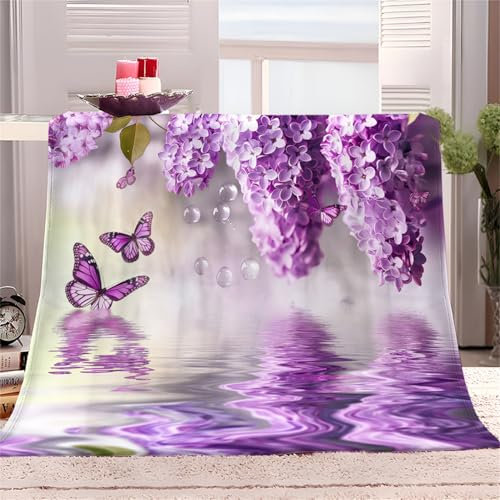 Manta de franela de forro polar de estilo natural con diseño de mariposas, color lila, tamaño bebé, manta suave y acogedora, manta de otoño esponjosa morada, decoración del hogar para sofá, cama, sala