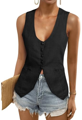 Tankaneo Womens Scoop Neck Blazer Vest Summer Linen Sleeveless Fitted Waistcoat Work Casual Cotton Suit Tops