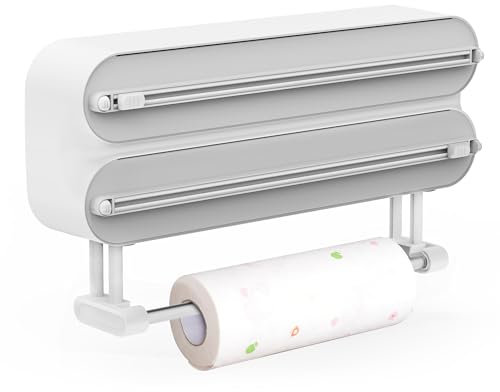 MEKOTRIN Magnetic Cling Film Dispenser and Cutter, 3 in 1 Kitchen Roll Holder Wall Mounted with Slide Cutter, Refillable Tin Foil Cling Wrap Dispenser