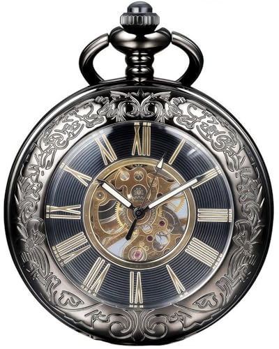 Kchss Mechanical Pocket Watch, for Men Women Special Magnifier Half Hunter Engraved Case Roman Numerals with Chain Black