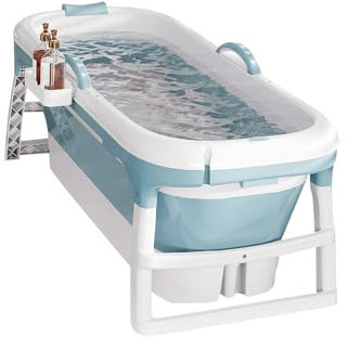 Baignoire pliable pour adultes, bain polaire en plein air, 118 * 60 * 53cm, portable, pliable, avec couvercle et rouleaux de massage, panier à savon, pour salle de bain et douche - Bleu