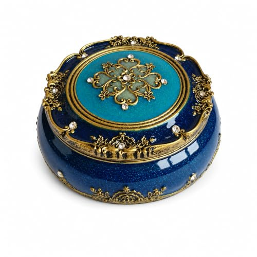 KINBENNOBLE Jewellery Box, Round Resin Trinket Box, Blue & Anti-Brass | Hand-painted floral relief, sparkling accents and fixed velvet linings create an ornate home for small treasures