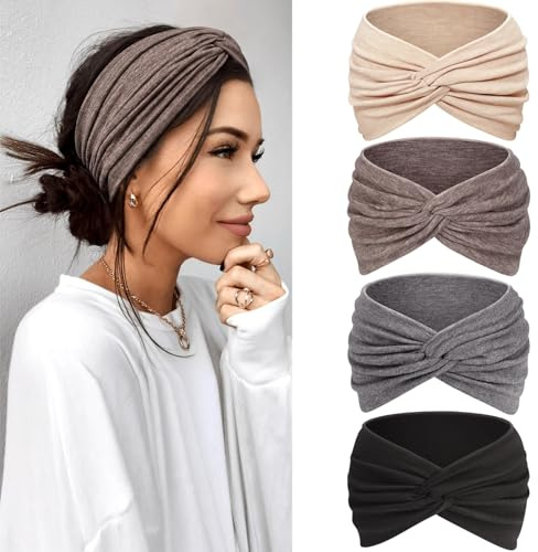 Kavya Fascia Capelli Donna Cerchietto Capelli Donna 4 Pezzi – 7'' Extra Large Elastico Boho, Turbante Fasce per Capelli Bandana Headband per Yoga, Skincare e Lavoro Quotidiano