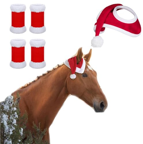 TWISAXC Conjunto de Gorro y Vendaje para Patas de Caballo de Papá Noel, de poliéster, Suave y Agradable para la Piel, Ideal para Fiestas navideñas, Tipo+1