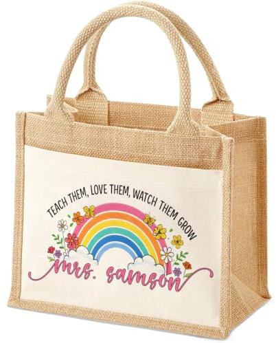 Giftme Personalised Teacher Gift - Custom Name Jute Tote Bag | Eco-Friendly Reusable Shopper with Cotton Pocket | End of Term Thank You Present | 3 Sizes