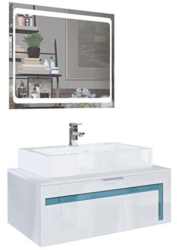 Vladon Waschtisch Waschbecken Unterschrank Aloha V2, Made in Germany, Korpus in Weiß matt/Fronten in Weiß Hochglanz mit Absetzungen in Petrol Hochglanz, mit Aufsatzwaschbecken, Armatur (M1) und LED