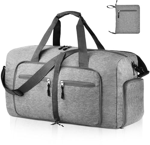 Dimayar 65L Travel Duffle Bag for Men Women - Foldable Duffel Bag with Shoes Compartment - Overnight Bags Waterproof & Tear Resistant(Gray)