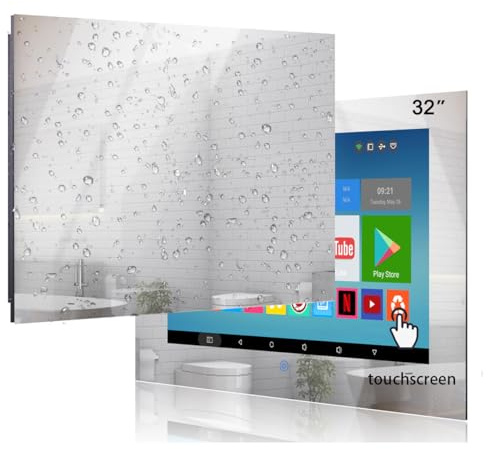 Haocrown 32 Inch Bathroom TV IP66 Waterproof Smart Mirror Touch Screen Android 11 Television for Bath Shower, Full HD 1080P with Wi-Fi Bluetooth Freeview Satellite HDMI USB
