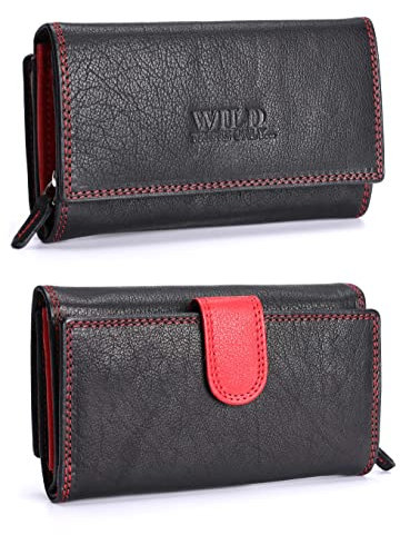 irisaa Damen Leder Wild Geldbörse, Portemonnaie Lang Geldbeutel,RFID Schutz 21 Kartenfächer, Brieftasche Groß, Vintage Design Used Look, Damen Tasche:weich SchwarzRed