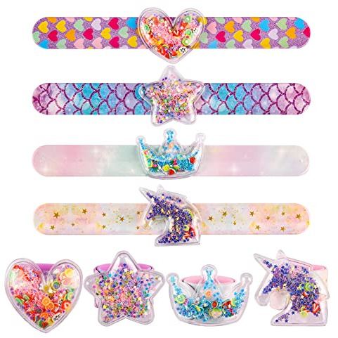 Little World Slap Bracelets, Quicksand Slap Bracelets for Girls, Glitter Shaker Unicorn Bracelets with Silicone Wristbands for Kids Birthday Party Favors Supplies for Children's Day (4 Pack)