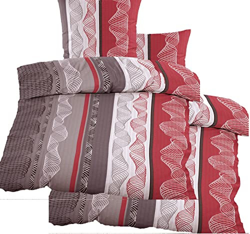 KH-Haushaltshandel 4-TLG. Seersucker Bettwäsche 2X 135x200 +80x80cm, grau rot, Wellen, bügelfrei, Microfaser (60362)
