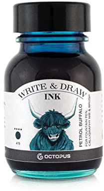 Octopus Write & Draw Ink - 419 Petrol Buffalo, Waterproof, Calligraphy, Lightfast Drawing Ink for Fountain Pen, Glass Pen, Brush, 50 ml