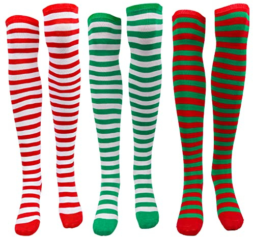 3 Pares Navidad Calcetines de Rayas Mujer, verde Blanco Rojo Calcetines Navideños a Rayas Calcetines Largos Rayas para Navidad Halloween Cosplay Disfraces