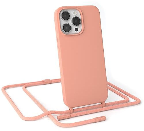 EAZY CASE - Handykette kompatibel mit iPhone 14 Pro Max - dünne Handyhülle Hülle mit Band als Fallschutz Kette zum Umhängen stoßeste Hülle Silikon mit Mikrofaser in Korall