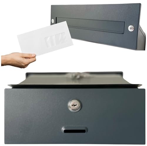 HUW - Stahl Mauerdurchwurf Briefkasten zum Einbau - Tiefe: 16-30 cm - A4 - Korrosionsbeständigkeit - Witterungseinflüsse - 2 Schlüssel Schloss - Einbaubriefkasten - Durchwurfbriefkasten - Graphit