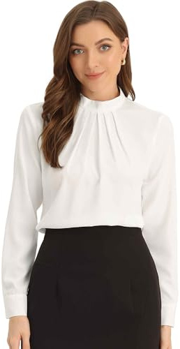 Allegra K Work Tops for Women Stand Collar Long Sleeve Ruched 2026 Trendy Blouse Business Casual Office Shirt Large White