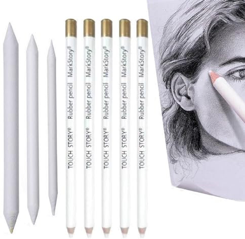 Kiuiom Professionell Zeichnen Kohlestift, Holz Skizzieren Highlight Pen, Weiß Kohle Bleistift, 5PCS Weißer Kohle Zeichenstifte mit 3 Papierwischer Zeichnung White Pencils Fine Art Supplies