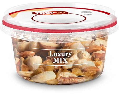 Tropgo Luxury Mix - Savoury Mixed Nuts in a Resealable and Recyclable Nut Tub - Guilt Free Trail Mix with Fibre Protein and Essential Minerals - Healthy Assorted Nuts for All Ages (180G)