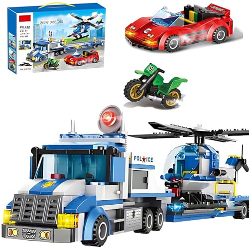 EtrealEli City Police Car, Motorcycle,Truck and Trailer&Helicopter Building Block Sets(509pcs),Police Chase Toy Set,Gift for Kids and audlts