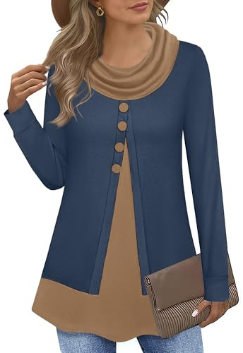 Datuhao Tunique à manches longues pour femme - Élégant - 2 en 1 - Pull long - Col châle - Patchwork, bleu foncé, XXL
