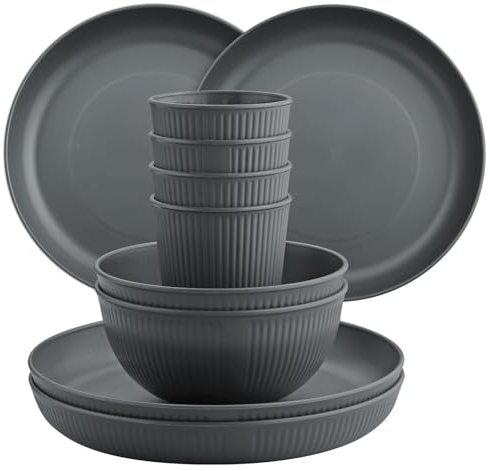 FUNYKICH Ensemble de Vaisselle 32 pièces, Service de Table, Bol, Plate, Tasses, Vaisselle pour Pique-Nique, Vaisselle Incassable 12 pcs (Gris)