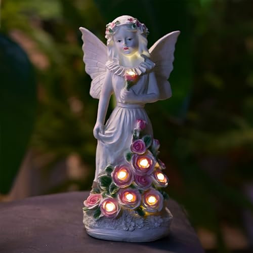 Tuzsocr Statues solaires de jardin en forme d'ange gardien avec 7 lampes solaires LED, résistantes aux intempéries et au gel, décoration de jardin, sculpture d'ange féerique, décoration extérieure,