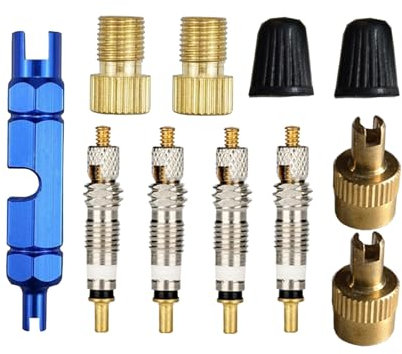 Presta Ventileinsatz Set 11 Stück Fahrradventil-Adapter, Ventilbolzen, Ventilschlüssel und Schutzkappen für Fahrräder und Mountainbikes