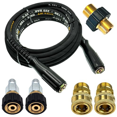 3 Meter M&M Smartek högtrycksslang 220 bar, M22 x 1,5 invändig gänga på båda sidor, DURAJET DN6 gummislang med snabbkopplingsset, adapter och knäckskydd, kompatibel med K och Kränzle