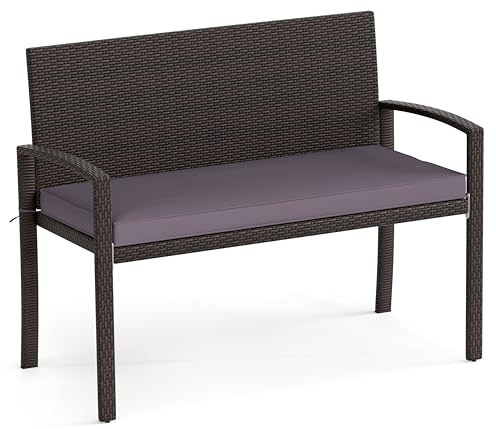 GIANTEX Panca da Giardino 2 Persone in Rattan, Panca da Esterno con Cuscino di Seduta Rimovibile, Struttura in Metallo, Carico 360 kg, Schienale e Braccioli, per Veranda, Giardino, Balcone, Terrazza