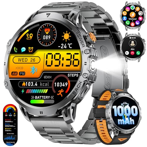 BENYAR SMART Smartwatch för män, 4,85 cm stor skärm med Bluetooth-samtal, 1 000 mAh batteri 110 + sportlägen LED ficklampa stegräknare, 2 remmar smartwatch för män för Android iOS, svart