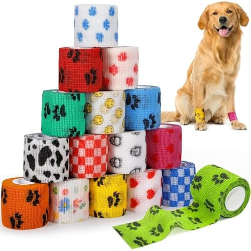 GMUFTIR Benda Elastica Coesiva, 16 Rotoli 5cm x4.5m Benda Elastica Autoadesiva per Animali Domestici, Garza Autoadesiva Non Tessuto Autoadesivo Benda Salvapelle Fasciature per Mani,Piedi,Ginocchia,Pet