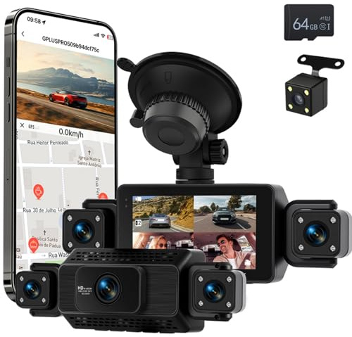 Fuluku 360 Gradi 4 Canali Dash Cam Tutto Intorno 1080P Dashcam Auto, 3 Pollici Schermo con WiFi/64GB/G-Sensor/Telecamera Posteriore/Modalità di Parcheggio 24H/Visione Notturna/Registrazione in Loop