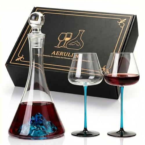 AERULIN Luxury Wine Decanter Set with 2 Crystal Glasses - Hand Blown Red Wine Aerator Carafe - Unique Blue Mountain Design - Premium Gift for Men, Wedding, Anniversary, Retirement, Milestone Birthday