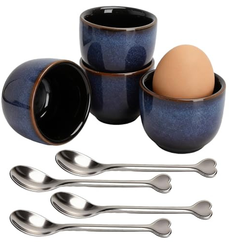 XRVRILE 4 Pezzi Portauovo in Ceramica con Cucchiaio a Forma di Cuore, 20 ml Portauovo in Porcellana Colore Blu Vintage Sfumato, Set per La Colazione per Uova di Tutte Le Dimensioni