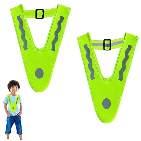 DIPZO 2-pack Barn Säkerhetsvästar, Neon Gul Reflexväst med Reflekterande Ränder, Justerbar V-formad Design för Utomhuslöpning, Cykling, Promenader