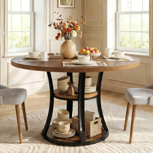 Tribesigns Round Dining Table, 100 cm Circle Kitchen Table for 2-4 People, 3-Tier Industrial WoodenTable with Storage, Space Saving Dinner Table for Kitchen, Dining Room, Small Space, Brown+Black