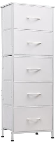 WLIVE White Chest of Drawers, 5 Fabric Drawers Tall Narrow Dresser Bedroom